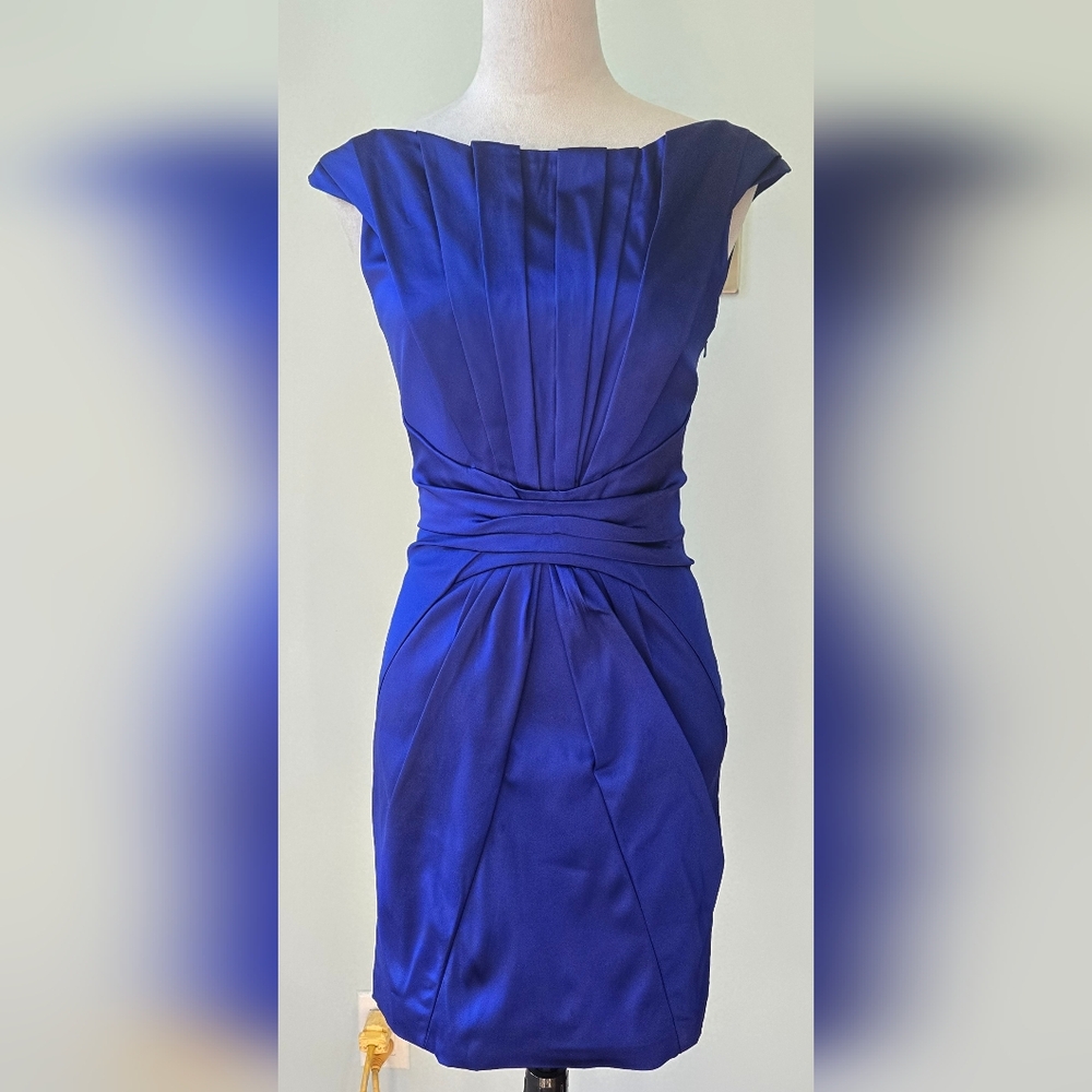 Karen Millen structured dress shiny bright blue minidress side zip fits sz 2
